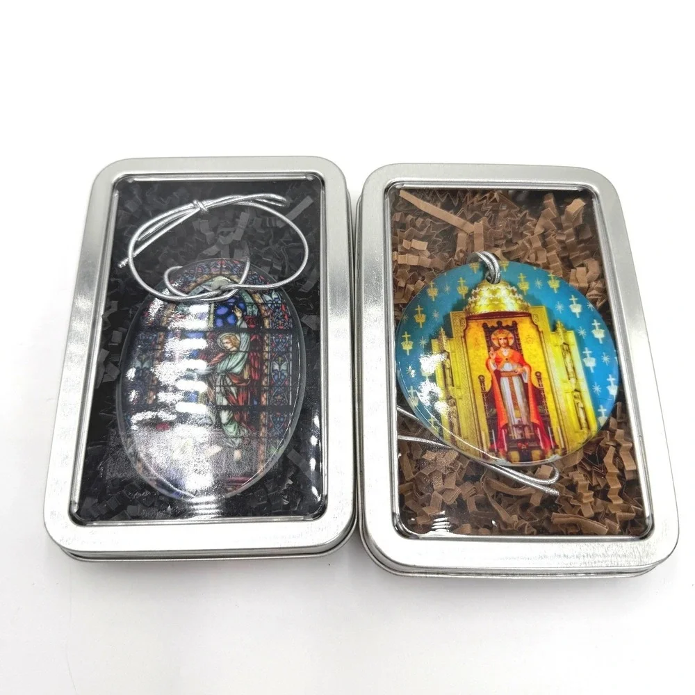 Set of 2 Religious Stained Glass Style Jesus Christ Nativity Ornaments with Tins